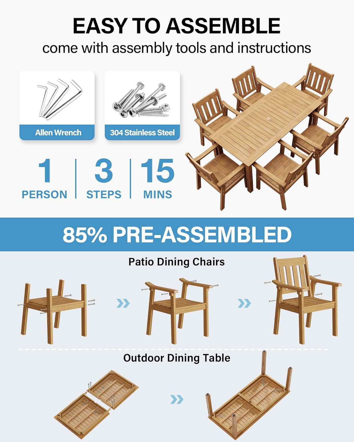 YEFU HIPS Patio Table Set: 7 Piece Outdoor Table and Chairs Dining Furniture Set with Umbrella Hole - Teak Modern Plastic Dining Sets 6 Person for Outside Deck with Metal Aluminum Frame Teak 7-Piece Rectangular Table Set