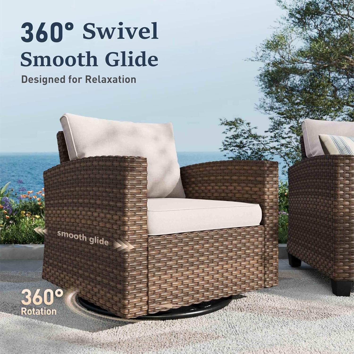 SUNSHINE VALLEY Swivel Glider Patio Furniture Set Outdoor Furniture Brown Wicker Rattan Patio Conversation Sets with Cushion Outside Sofa Set
