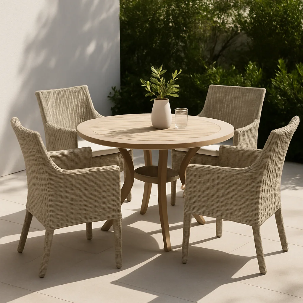 A six-person teak dining set on a sun-lit backyard patio, surrounded by potted plants and string lights, with a striped umbrella casting soft afternoon shade